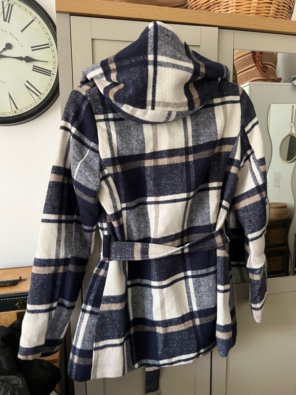 Mossimo Supply Co. Hooded Plaid Belted Coat - Navy, White & Tan - Picture 5 of 7